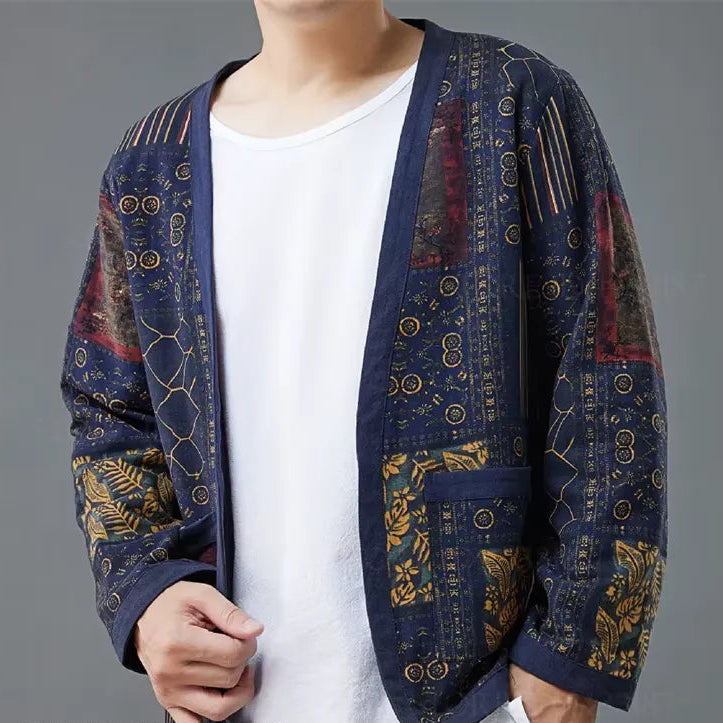Veste Kimono Japonais Bleu Rétro Chic