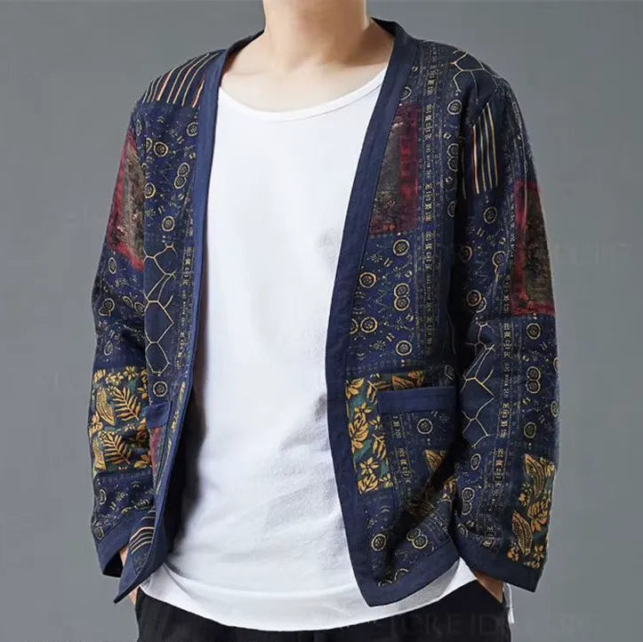 Veste Kimono Japonais Bleu Rétro Unique