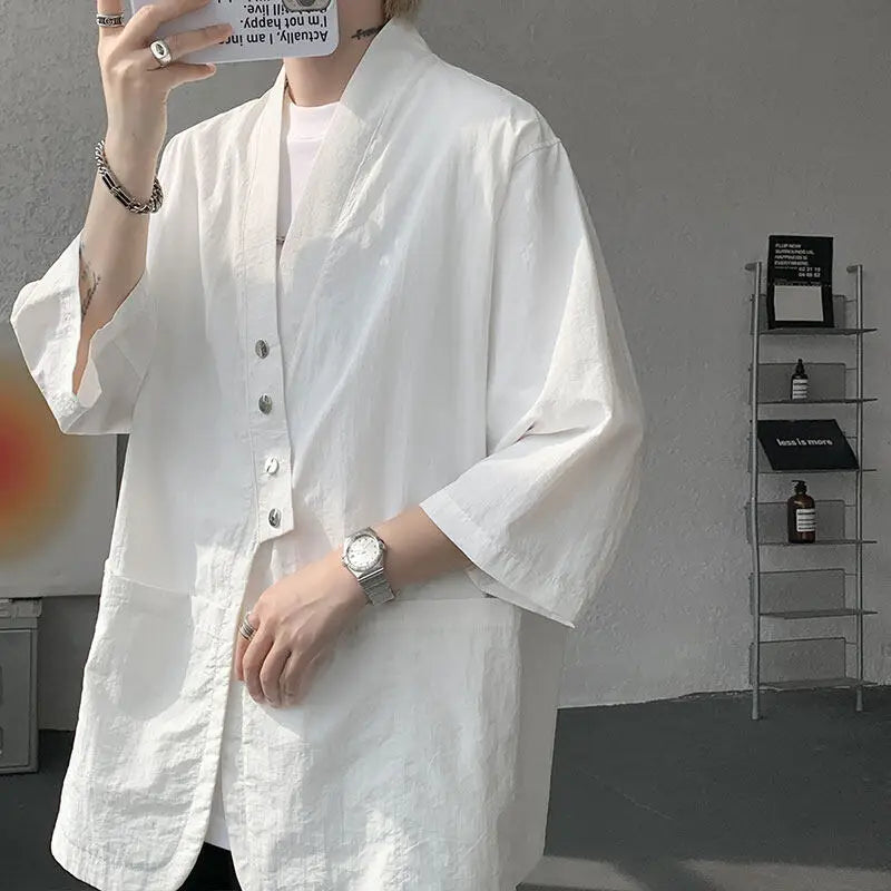 Veste Kimono Japonais Boutonnée Blanc