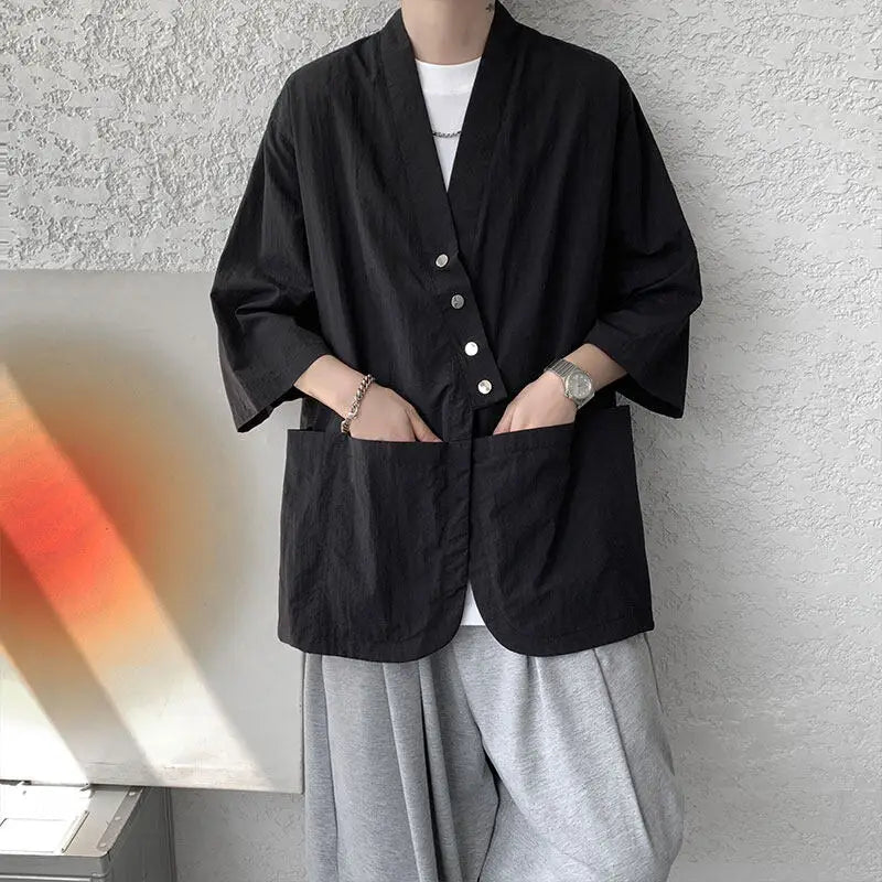 Veste Kimono Japonais Boutonnée Noir