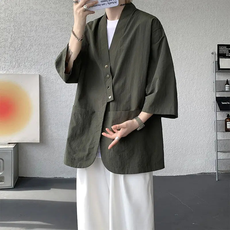 Veste Kimono Japonais Boutonnée Vert