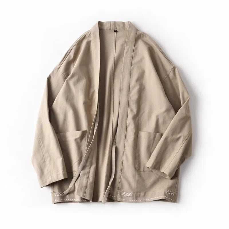 Veste Kimono Japonais à Broderie Epurée Beige
