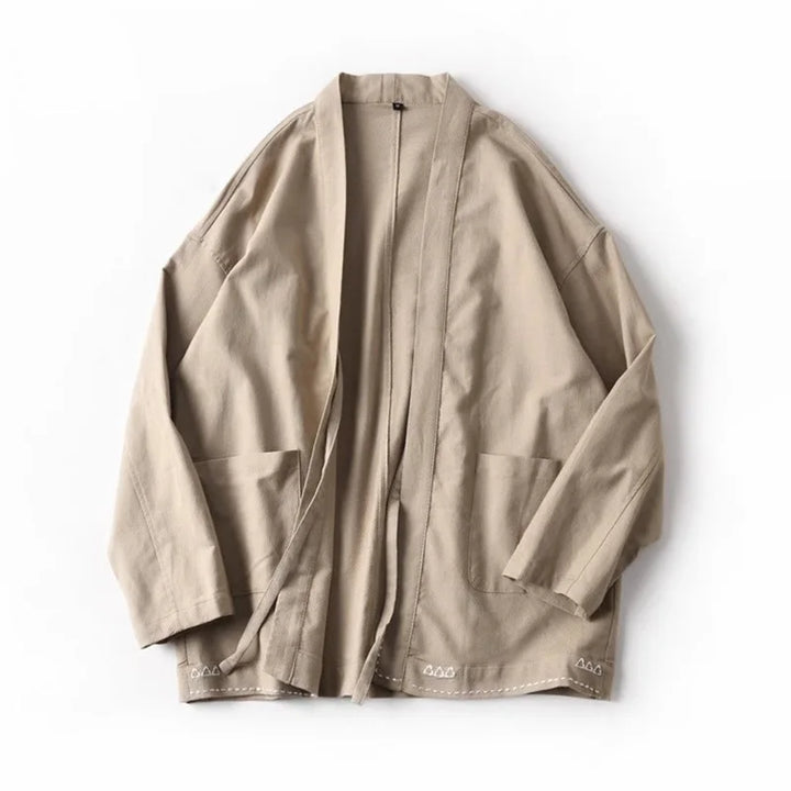 Veste Kimono Japonais à Broderie Epurée Beige