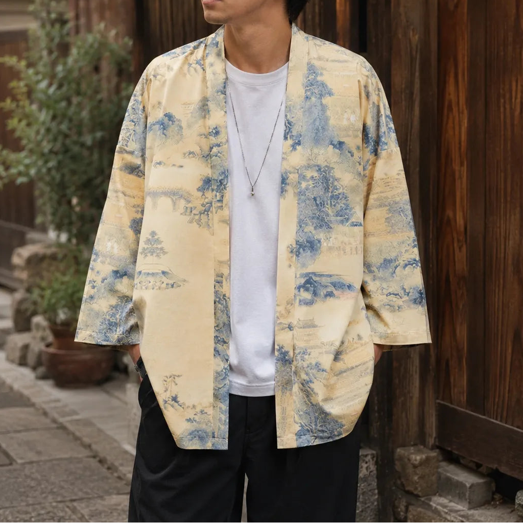 Veste Kimono Japonais à Imprimé Bleu