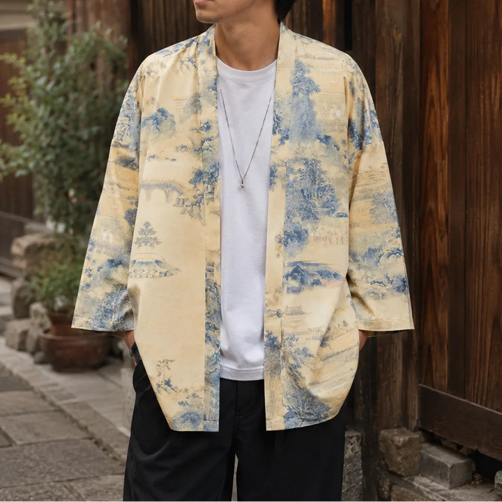 Veste Kimono Japonais à Imprimé Bleu