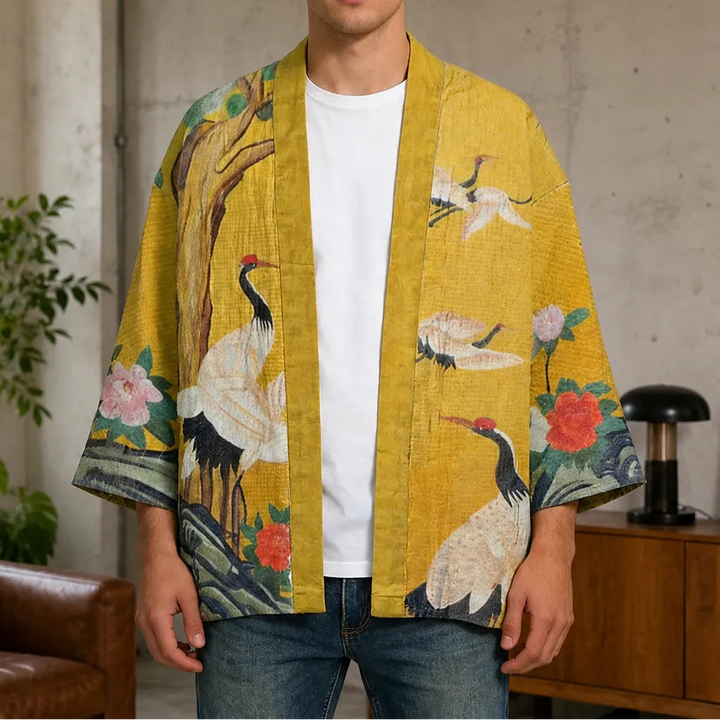 Veste Kimono Japonais Jaune Grues