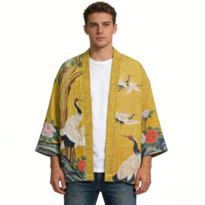 Veste Kimono Japonais Jaune Grues Confortable