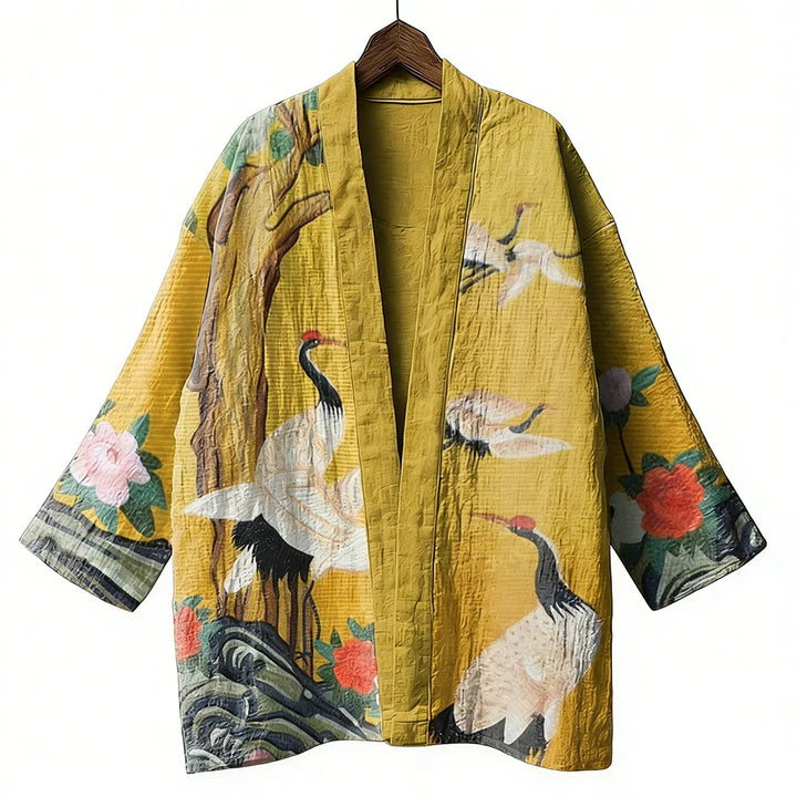 Veste Kimono Japonais Jaune Grues Unique