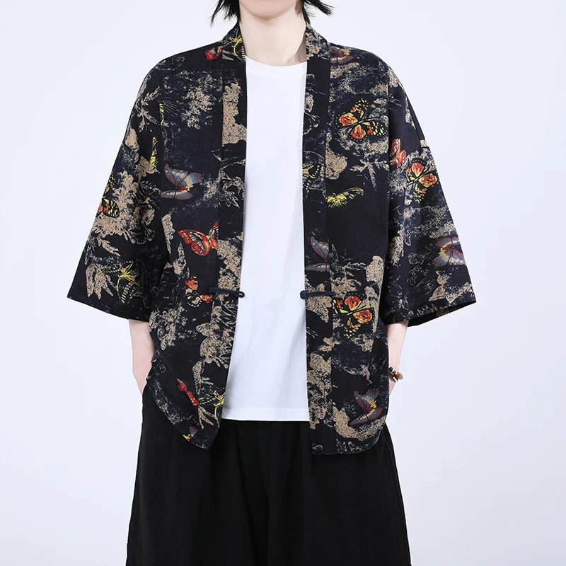 Veste Kimono Japonais Noire à Motifs Colorés
