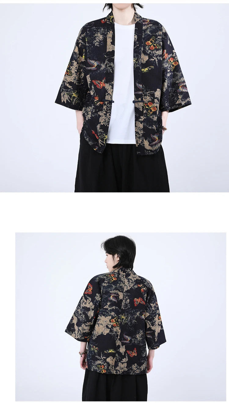 Veste Kimono Japonais Noire à Motifs Colorés tendance