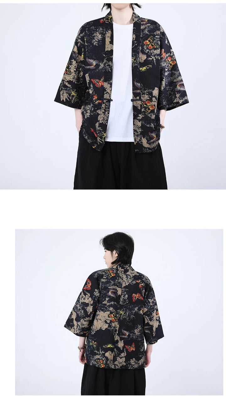 Veste Kimono Japonais Noire à Motifs Colorés tendance