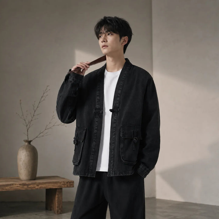 Veste Kimono Japonais en Jean à Poches