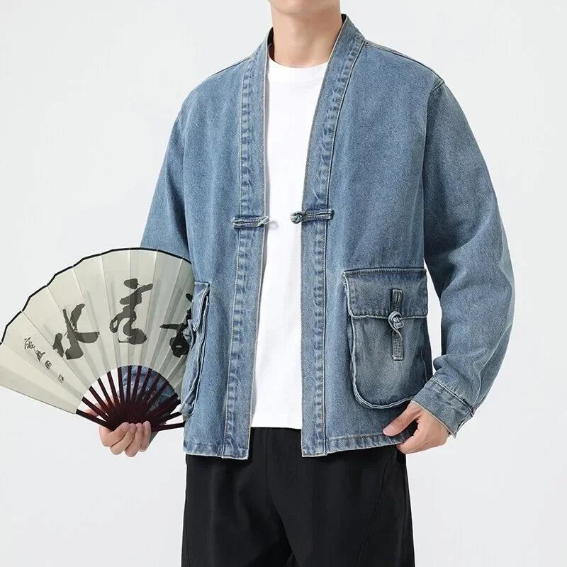 Veste Kimono Japonais en Jean à Poches Bleu
