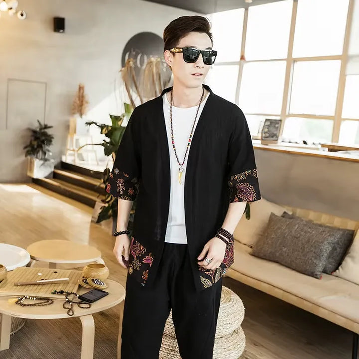 Veste mi-Longue Kimono Noir Homme Chic