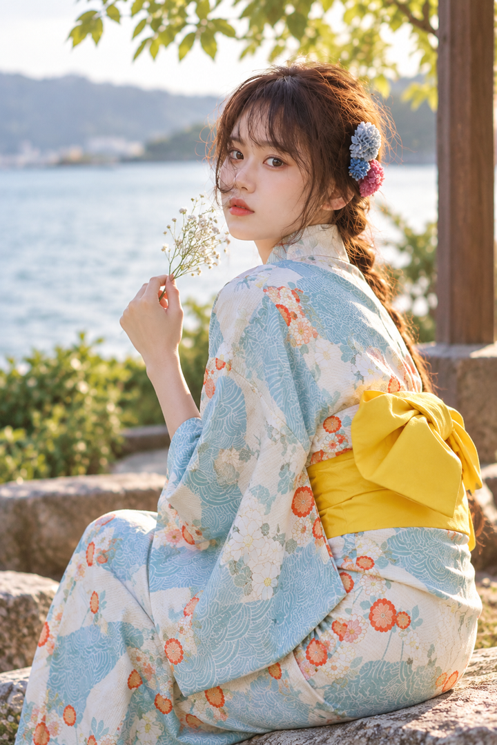 Yukata Femme Japonais Bleu raffiné