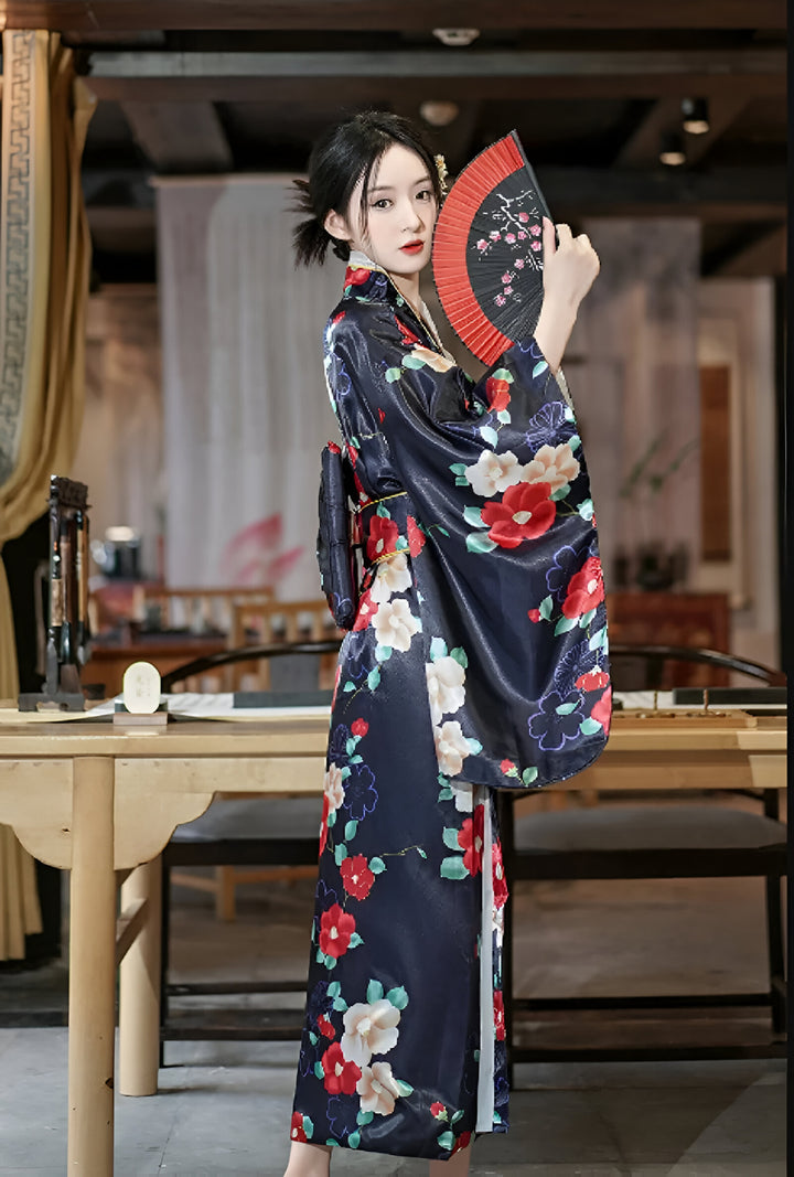 Kimono Japonais Traditionnel Femme Soie Bleu marine