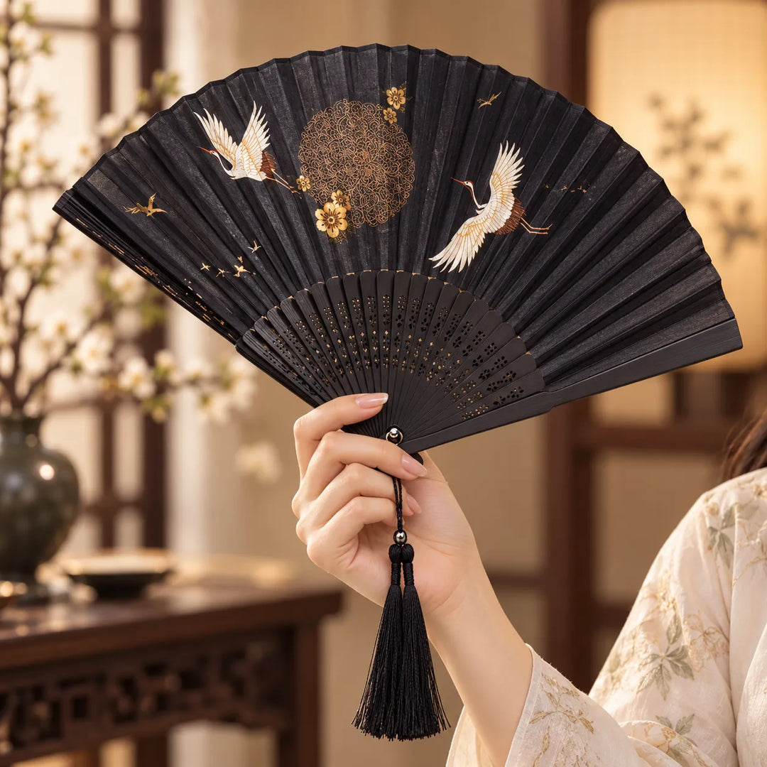 Éventail Grues Japonais Lune Pratique