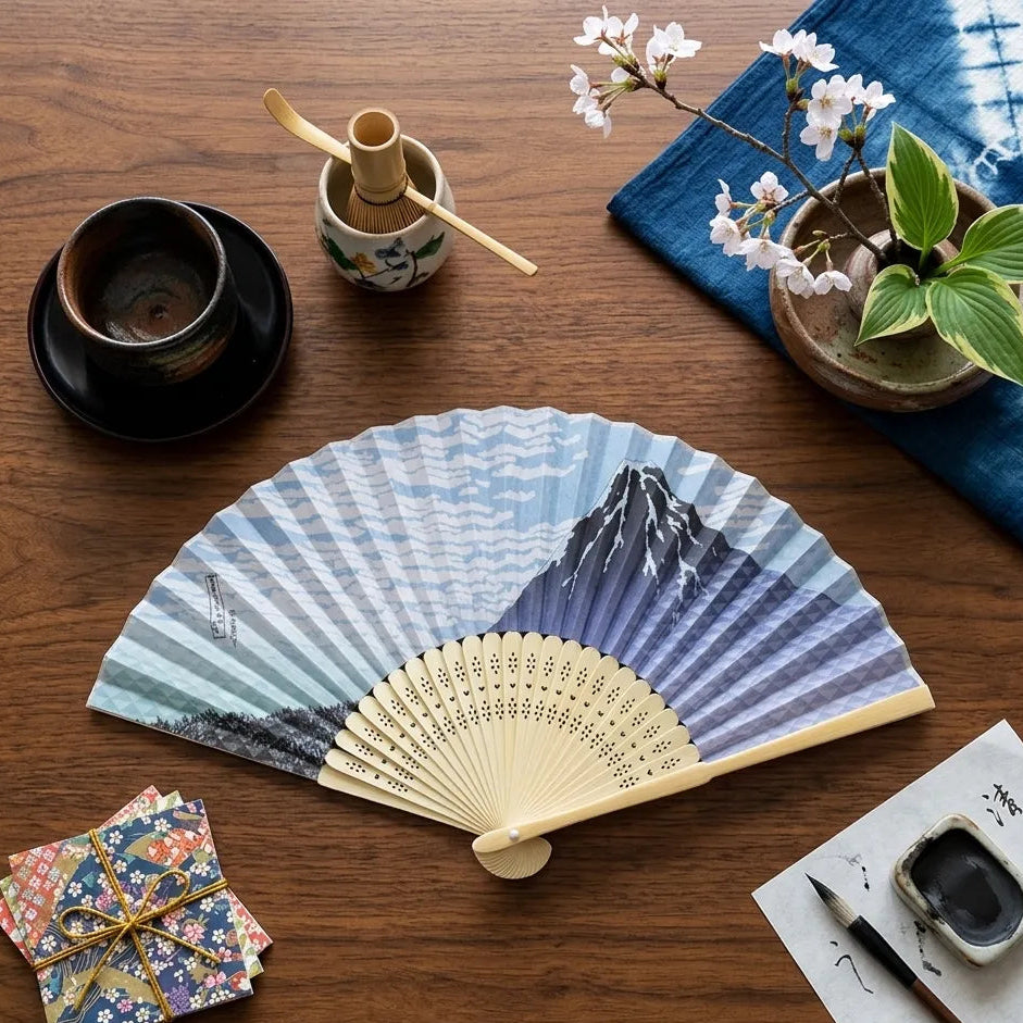 Éventail Japonais Bleu Design Mont Fuji