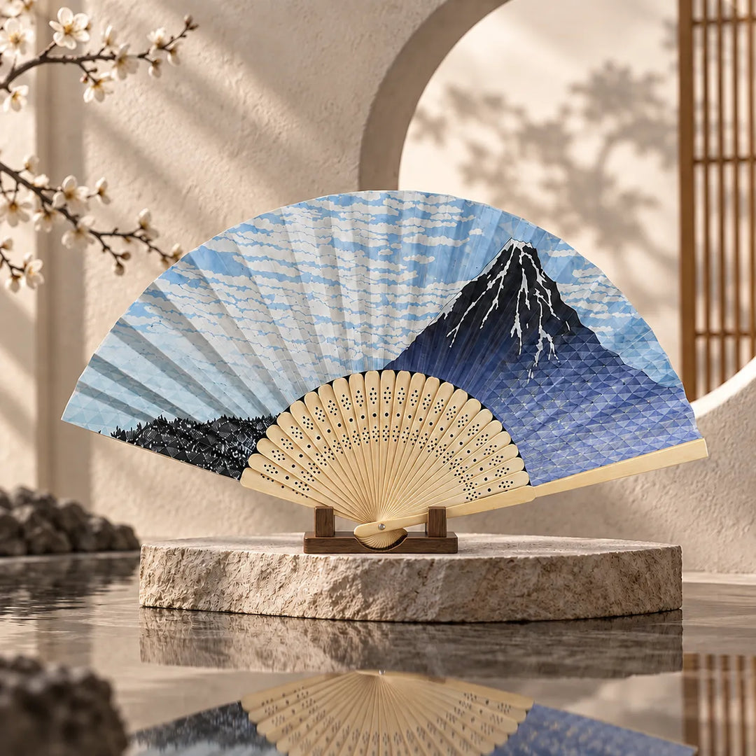 Éventail Japonais Bleu Design Mont Fuji Pratique