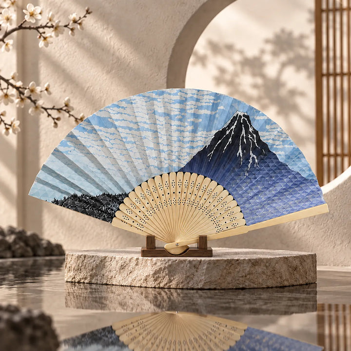 Éventail Japonais Bleu Design Mont Fuji Pratique