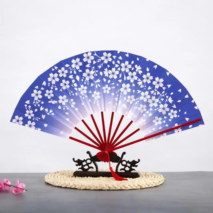 Éventail Japonais Dégradé Fleuri Bleu
