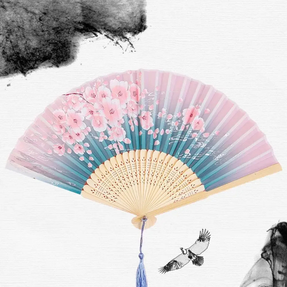 Éventail Japonais Fleurs de Cerisiers Rose et Bleu