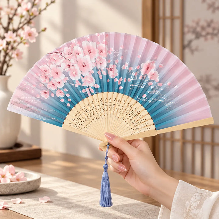 Éventail Japonais Fleurs de Cerisiers Rose et Bleu Beau