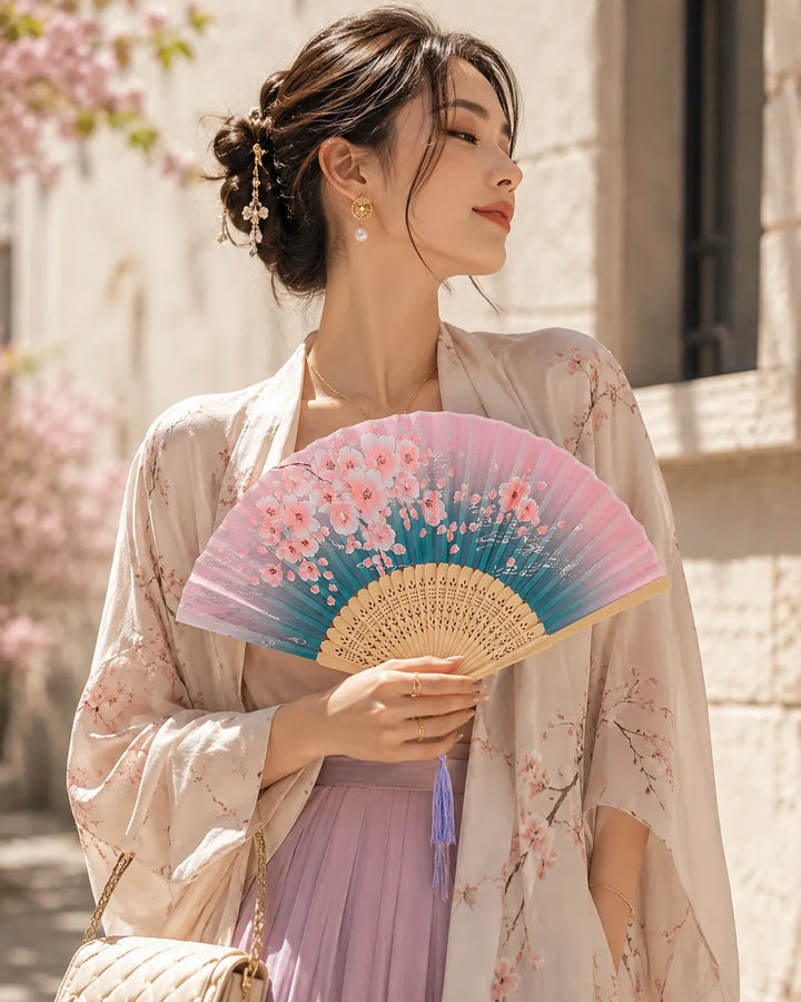 Éventail Japonais Fleurs de Cerisiers Rose et Bleu Chic