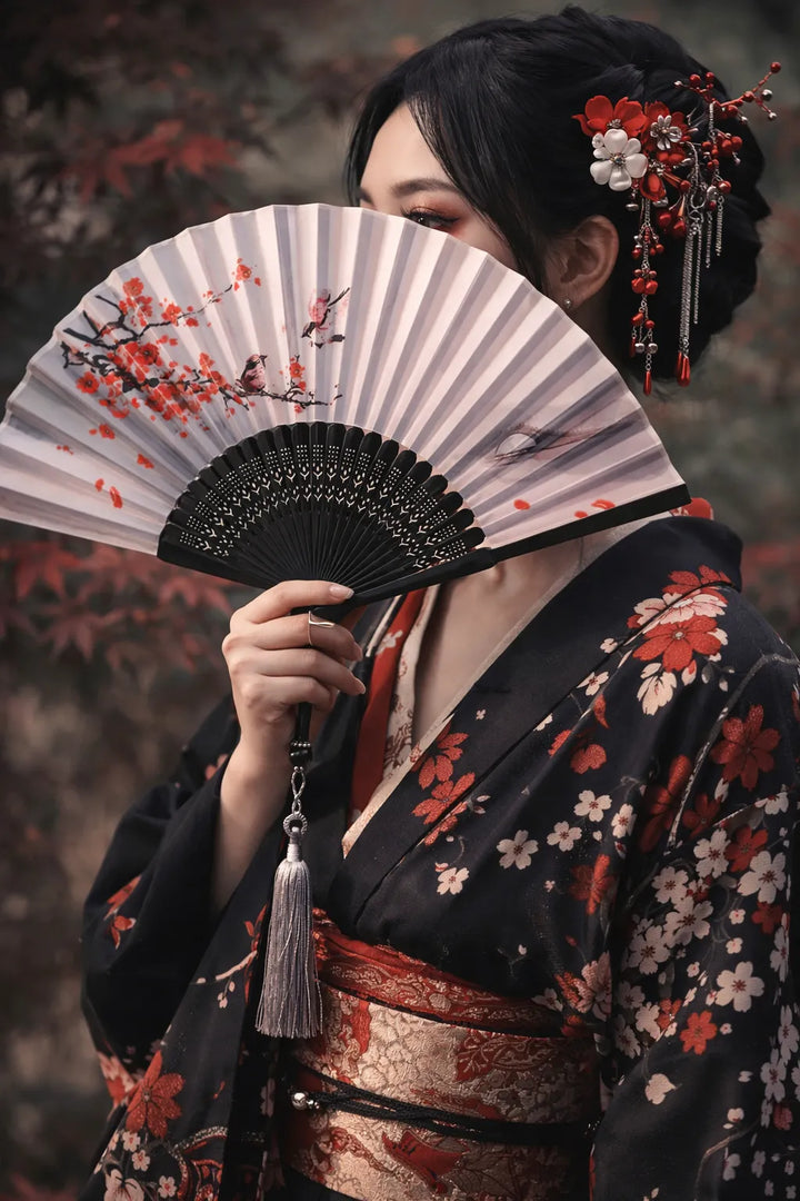 Éventail Japonais Fleurs de Cerisiers Rouge Unique