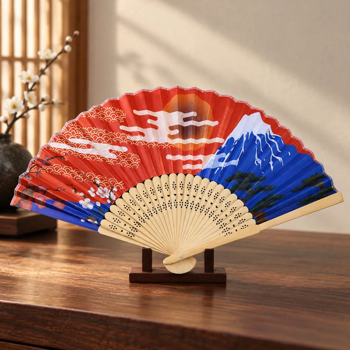 Éventail Japonais Mont Fuji Bleu et Rouge Beau