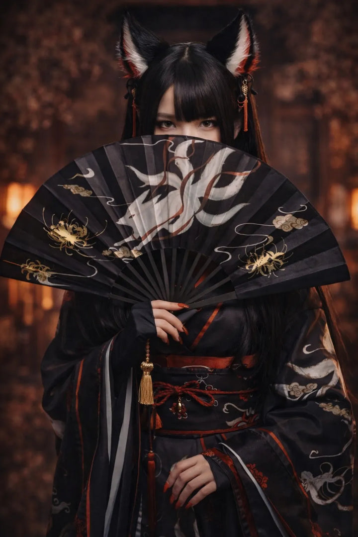 Éventail Japonais Noir Renard Unique