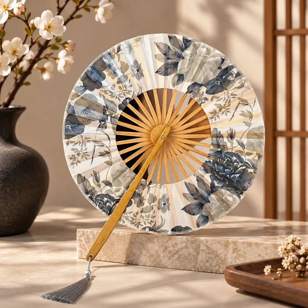 Éventail Japonais Rond Pliable Fleuri Beau