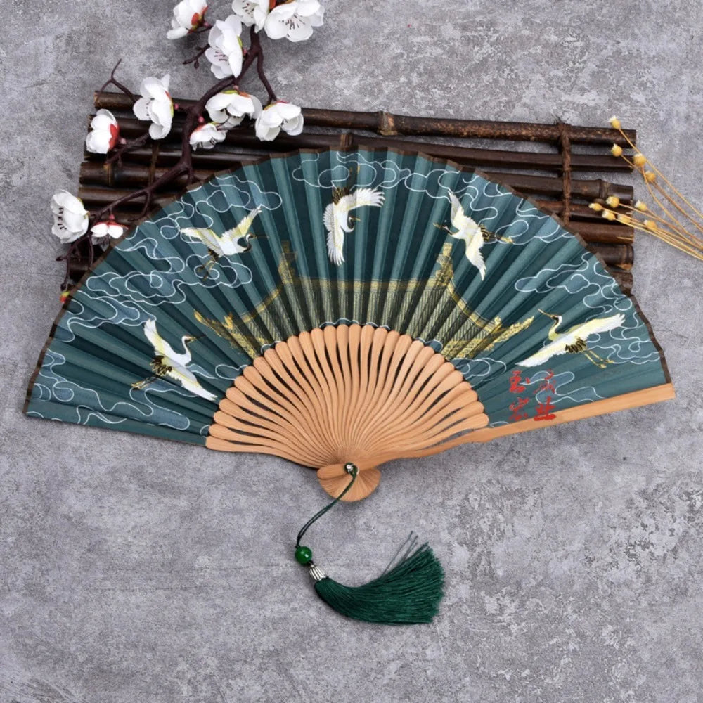 Éventail Motif Grues Japonais Vert